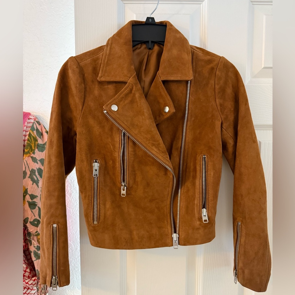 Brown Leather Moto Jacket Asymmetrical Zipper Notched Lapel